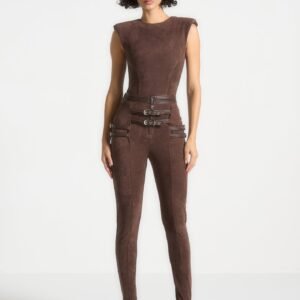 Suede Buckle Detail Leggings - Brown