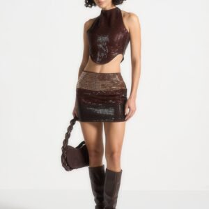 Rhinestone Ombre Mini Skirt - Brown/Gold