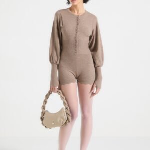 Knitted Scallop Hem Playsuit - Taupe