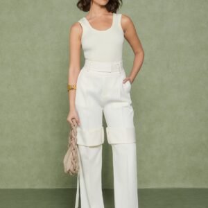 Tailored Belted Strap Detail Trousers - Cream