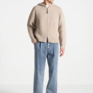 Mohair-Blend Zip Through Hoodie - Beige