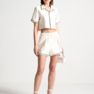 Satin Cropped Shirt with Piping - Cream