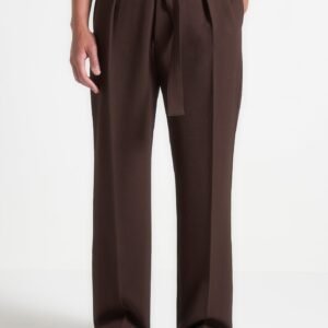 Relaxed Fit Textured Belted Tailored Trousers - Brown